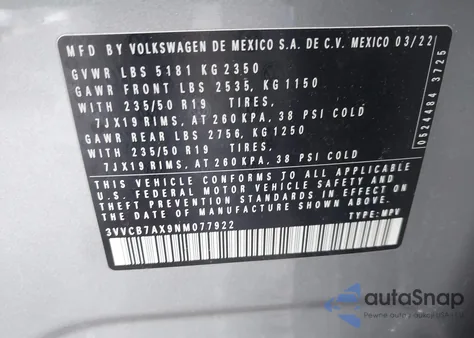 2022 Volkswagen Tiguan 2.0T Se R-Line Black z USA, uszkodzony, nr VIN 3VVCB7AX9NM077922